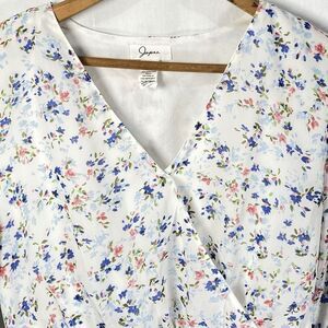 JAPNA Blouse V-Neck Faux Wrap Smocked Waist Floral Womens M White Pink Blue